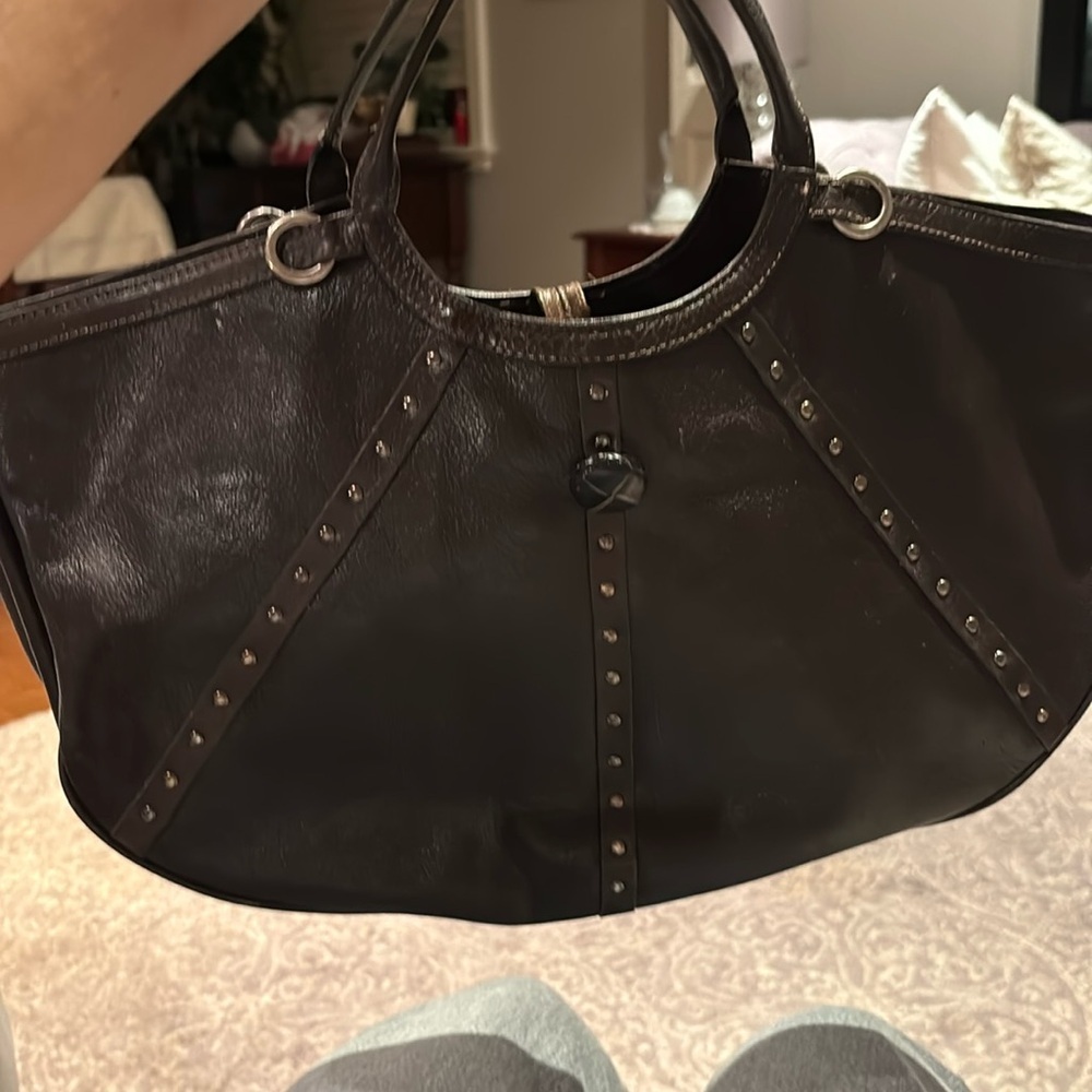 Danier top handle bucket bag in chocolate brown with stud detail
